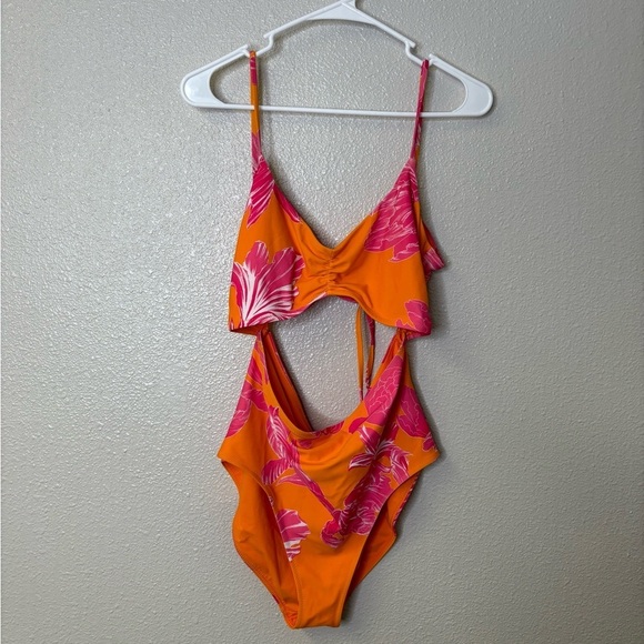 Athleta Kailua Moore Cutout Swim Bathing Suit One Piece Orange Pink Floral - Picture 3 of 6